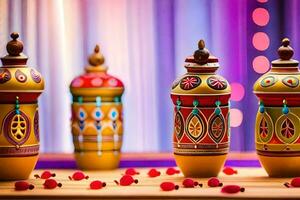 three colorful vases with decorative designs on them. AI-Generated photo
