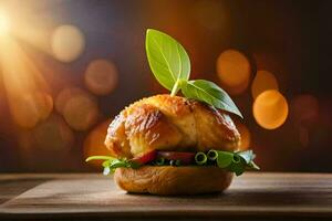 a hamburger with lettuce and tomato on a wooden table. AI-Generated photo