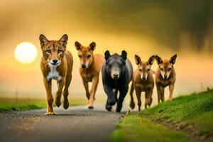un grupo de perros y un oso caminando abajo un la carretera. generado por ai foto