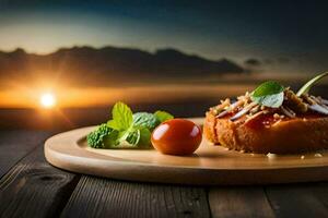 comida en el mesa con puesta de sol en el antecedentes. generado por ai foto