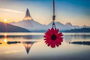 a red flower hanging from a rope over a lake with mountains in the background. AI-Generated photo