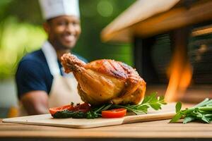 un cocinero preparando un asado pollo en un corte tablero. generado por ai foto