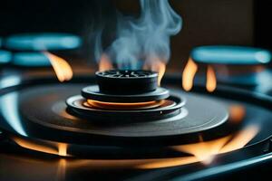 a gas stove with flames and smoke. AI-Generated photo