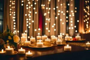 candles and flowers on a table with lights. AI-Generated photo