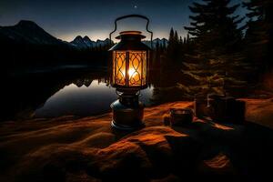 a lantern sits on the edge of a lake at night. AI-Generated photo