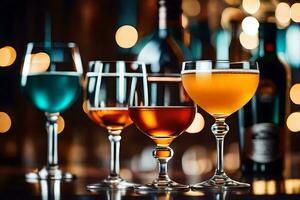 three glasses of different colored drinks on a bar. AI-Generated photo