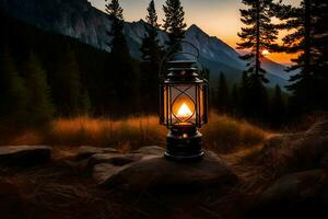 un linterna es iluminado en el medio de un bosque a puesta de sol. generado por ai foto