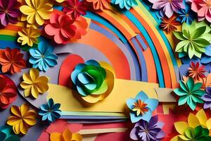 colorful paper flowers and rainbow in the shape of a heart. AI-Generated photo