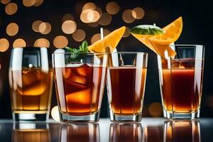 four glasses of alcoholic drinks with ice and garnishes. AI-Generated photo