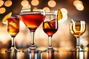 three glasses of different alcoholic drinks on a bar. AI-Generated photo