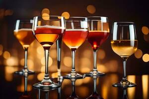 five glasses of wine on a table with a blurred background. AI-Generated photo