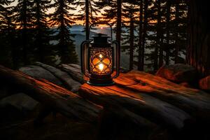a lantern is lit on a log in the woods. AI-Generated photo