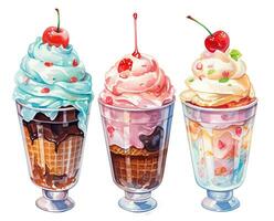 watercolor drawing, set of ice creams in cups with whipped cream and cherries. in vintage style, retro. cafe decoration photo