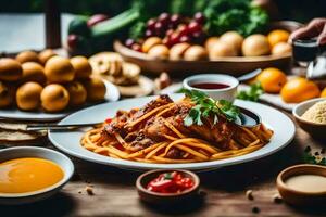 spaghetti with meat and vegetables on a wooden table. AI-Generated photo