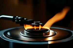 a close up of a turntable with flames coming out of it. AI-Generated photo