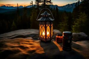 a lantern and two mugs sit on a rock in front of a mountain. AI-Generated photo
