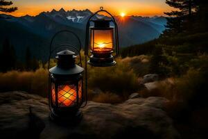 lanterns in the mountains at sunset. AI-Generated photo