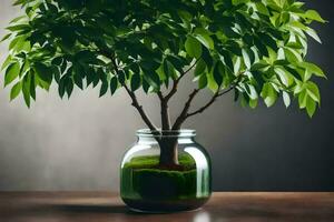 a small tree in a glass jar on a table. AI-Generated photo