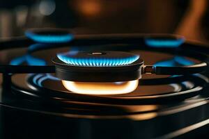 a gas burner on a stove top with blue flames. AI-Generated photo