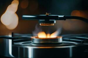 a gas burner on a stove top with flames. AI-Generated photo