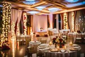 a wedding reception with white and gold decor. AI-Generated photo