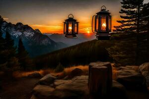 two lanterns on top of a mountain at sunset. AI-Generated photo