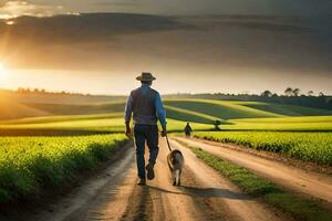 a man walking his dog down a dirt road. AI-Generated photo