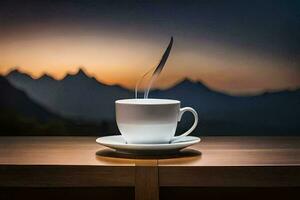 a cup of coffee on a table with mountains in the background. AI-Generated photo