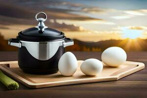 an egg and a pot on a wooden table. AI-Generated photo