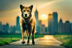 un perro caminando en un la carretera con un ciudad en el antecedentes. generado por ai foto