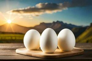 three eggs on a wooden tray with mountains in the background. AI-Generated photo