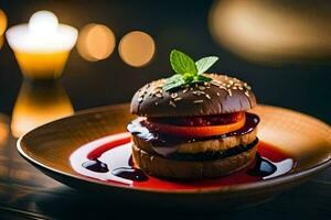 a burger with a cherry on top and a glass of red wine. AI-Generated photo