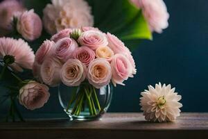 pink roses in a vase on a table. AI-Generated photo
