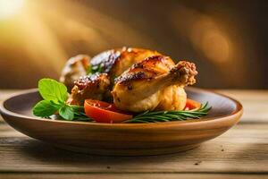 a plate of chicken with tomatoes and herbs on a wooden table. AI-Generated photo