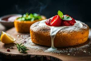 un pastel con fresas y crema en un de madera tablero. generado por ai foto