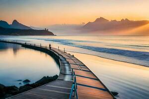 a wooden boardwalk leads to the ocean at sunset. AI-Generated photo