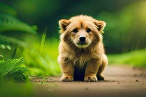 un perrito sentado en el suelo en el medio de un bosque. generado por ai foto