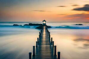 a long exposure photo of a pier at sunset. AI-Generated