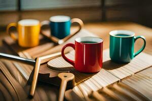 colorful coffee cups on a wooden table. AI-Generated photo