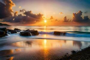 sunset on the beach, waves crashing on the rocks. AI-Generated photo