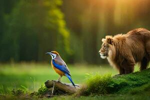 lion and blue bird. AI-Generated photo