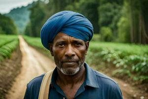 a man in a turban stands on a dirt road. AI-Generated photo