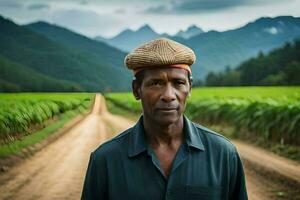 un hombre en pie en frente de un maíz campo. generado por ai foto