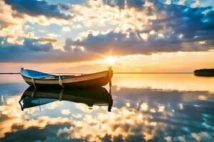 a boat is sitting on the water at sunset. AI-Generated photo