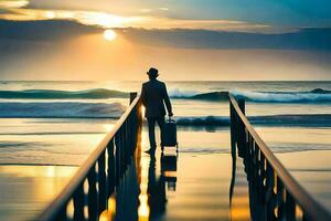 un hombre en un traje camina en un muelle a puesta de sol. generado por ai foto