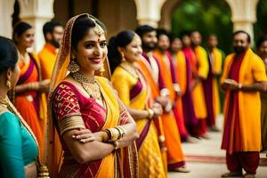 a woman in traditional indian attire poses for a photo with her bridesmaids. AI-Generated