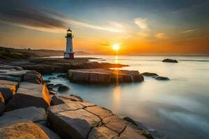 the sun sets over a lighthouse on the rocks. AI-Generated photo