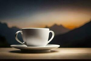 a cup of coffee on a table in front of mountains. AI-Generated photo