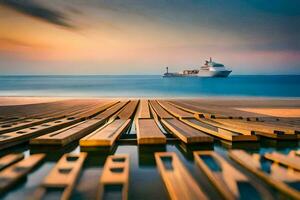 a ship is docked on the beach at sunset. AI-Generated photo