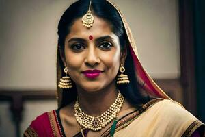 a woman wearing a traditional sari and jewelry. AI-Generated photo